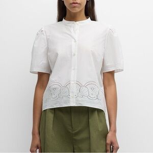 FRAME Broderie anglaise embroidered Short Sleeve cotton-poplin shirt NWT$328 XS